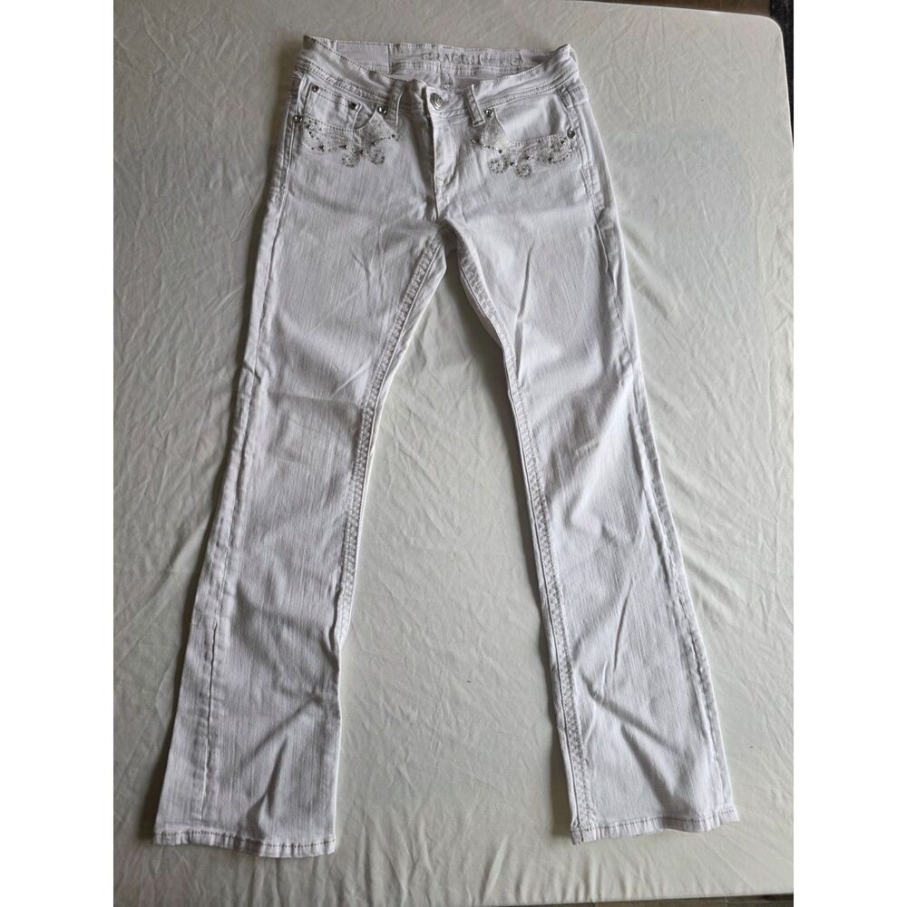 Grace in LA White Boot Cut Jeans Rhinestone Cross Back Pockets - Size 29